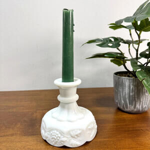 Vintage Westmoreland Milk Glass Candle Holder Paneled Grape Pattern Taper Pillar